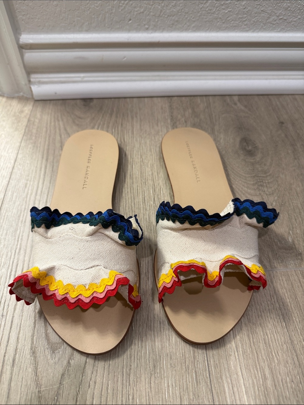 Loeffler Randall Women’s Cream Slide Sandals with Multicolor Trims
